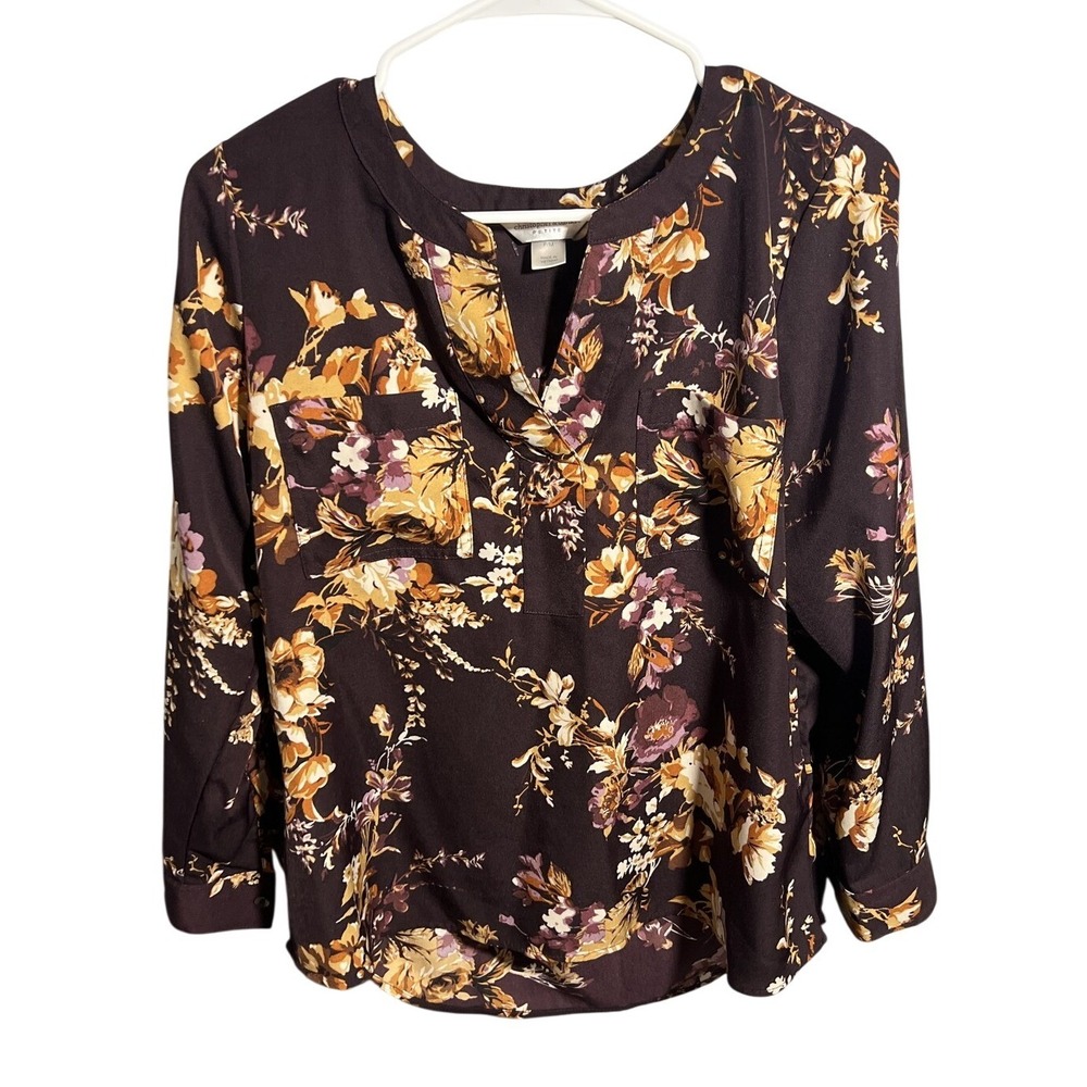 Christopher & Banks Petite M Floral Blouse Women's Dark Brown Split Neck Top